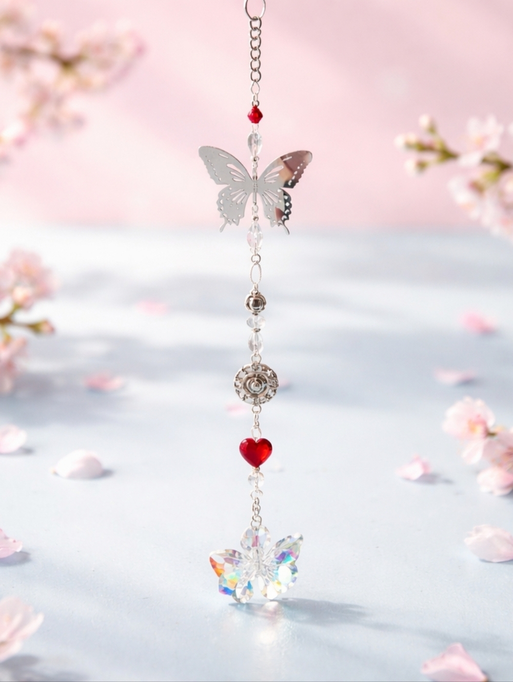 Crystal Butterfly and Heart Hanging Suncatcher Decor - Silver with Red Accents